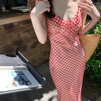 Cooked Cherry Red Plaid Suspender Fishtail Skirt Women's Spring and Summer 2025 New French Style Gentle Seaside Vacation dress
