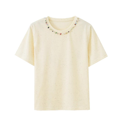 Summer New Style Solona Short-Sleeved Women's Top with Beaded Design, Fashionable and Stylish Casual Outerwear Commuting T-Shirt
