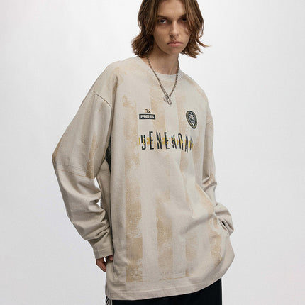# Ovdy Autumn and Winter American Jersey Retro Print Long-Sleeve T-Shirt Hand-Brushed Silk Screen Print Trendy Brand Top