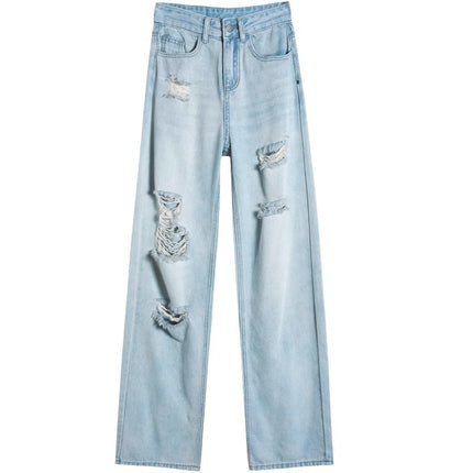 High Waist Ripped Jeans Women's Summer Fashionable All-match Light and Thin American-style Narrow Version Small Slim Look Straight Leg Wide-leg Pants