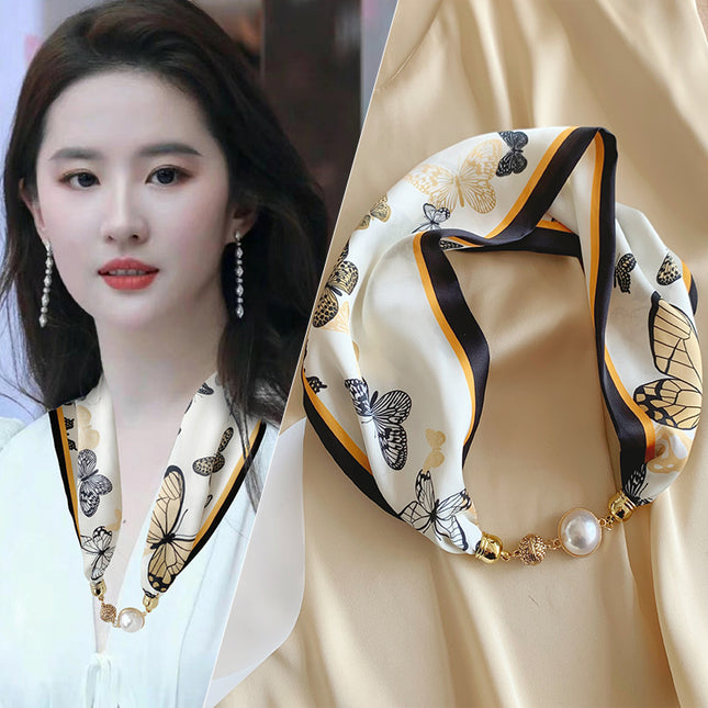 Magnetic Buckle Small Silk Scarf 2023 Women's Autumn and Winter Scarf Pearl Necklace with Shirt Scarf Accessories Pearl Buckle