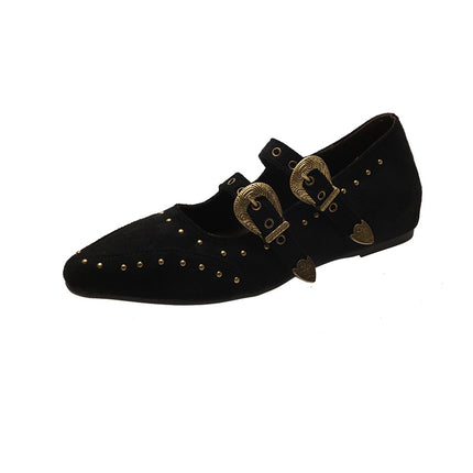 Retro Fashion Pointed Toe Brown Shoes for Women 2025 Autum New Versatile Rivet Flats Shallow Mouth Mary Jane Shoes