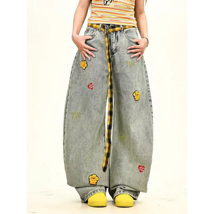 Plaid Belt Cartoon Embroidery Design Jeans for Women 2025 Summer New Loose Wide-Leg Floor-Length Pants