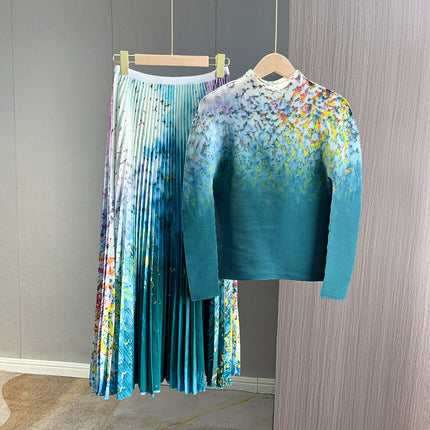 European-Style Early Autumn New Design Stylish Printed Pleated Skirt Set 2024 High-End Fashion Two-Piece Set for Women
