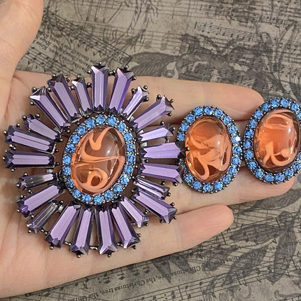 French Retro Exaggerated Brooch Middle Ancient Luxury High-end Sense Elegant Purple Sunflower Brooch Earrings suit Women