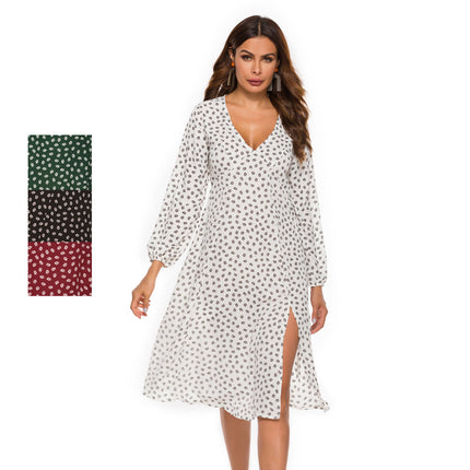 Amazon Spring and Summer New Sexy Split V-Neck Printed Slim-Fit Long-Sleeved Chiffon Dress dress in stock