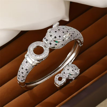 Europe and the United States cross-border new niche luxury micro inlaid zircon full diamond gold plated leopard head buckle bracelet ring suit