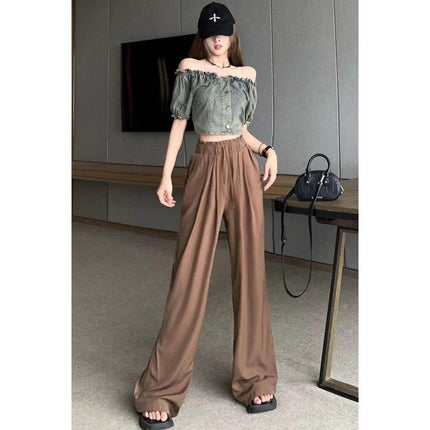 French Retro Denim Short Shoulder Shirt + High Waist Slimming Cold Draped Casual Pants Set