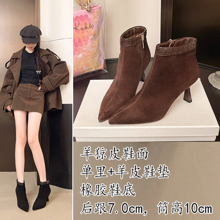 Sheepskin High-Heeled Pointed-Toe Short Boots for Women 2025 Autum New Retro Elegant Soft Single Boots Fashionable Casual Leather Boots