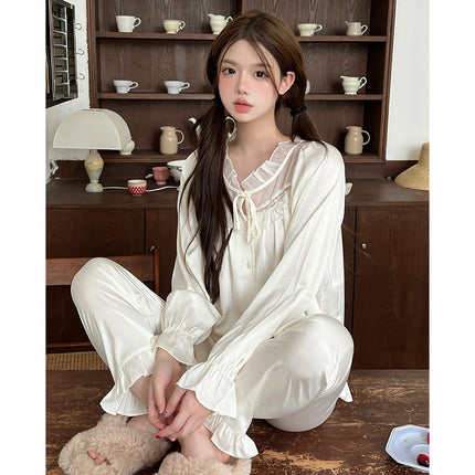 Cream Lace-up French Princess Style Women's Pajamas Spring and Summer Long Sleeve Ice Silk Comfortable Home Clothes suit