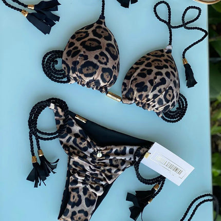 European and American Cross-border New Women's Triangle Bag Rope Bikini Solid Color Sexy Pendant Tassel Swimsuit Women's Bikini
