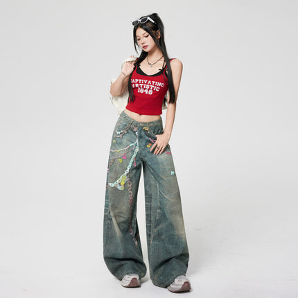 American Retro Printed Chain Design High-Waisted Wide-Leg Jeans for Women, New Spring and Autumn Loose Slimming Floor-Length Pants Trendy