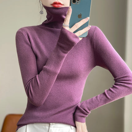 High collar autumn and winter Korean women's pile collar long sleeve knitted wool sweater women's inner pullover slim base shirt