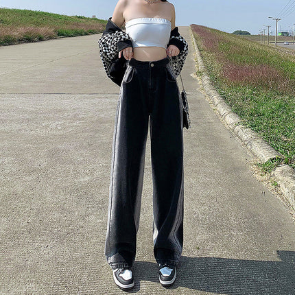 Gradient jeans female students 2022 new Hong Kong style BF high waist loose niche straight tube vertical mop pants