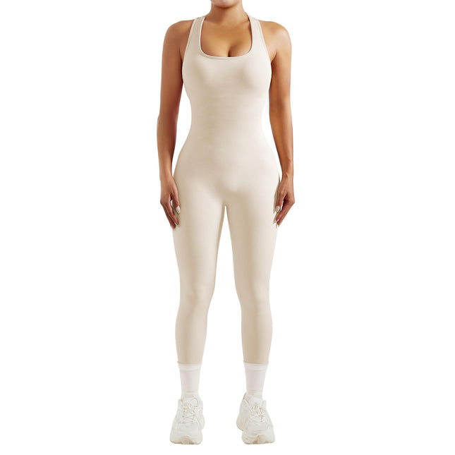 2024 new solid color sleeveless U-neck back hollow yoga tight jumpsuit sports jumpsuit