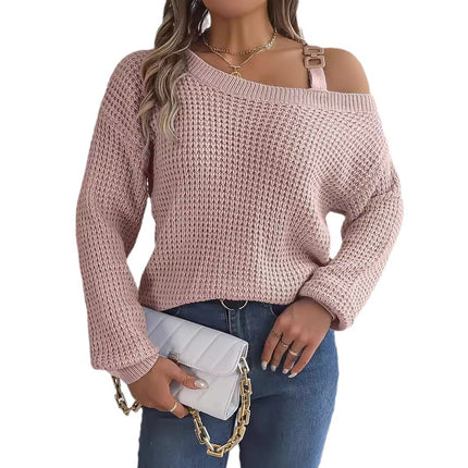 Real Shot of 2025 Autumn and Winter Casual Metal Buckle Splicing Off-Shoulder Lantern Sleeve Pullover Sweater Independent Station Cross-Border Women's Clothing