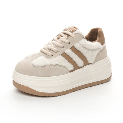 Winter cotton shoes thick sole hidden height 7cm genuine leather lamb wool shoes fleece-lined warm German training shoes striped break shoes for women