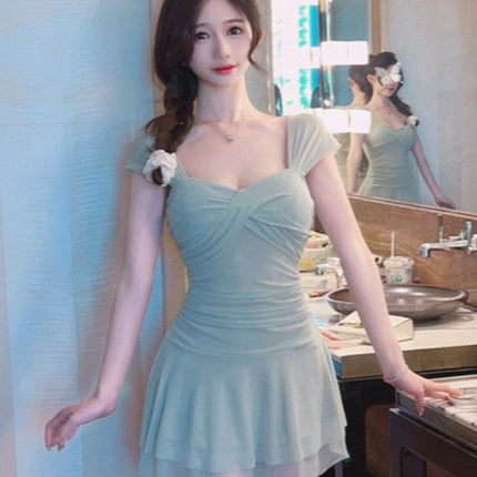 Real Shot 8967 Sexy Mesh Low-cut Ruffled dress Women's Clothing Summer New Nightclub Foot Bath Technician Work Clothes