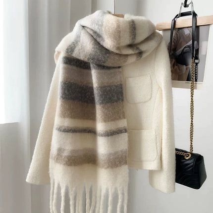 New Korean-Style Thick Striped Warm Winter Scarf for Women, High-Grade Mohair Green Neck Warmer for Men, Extended Shawl