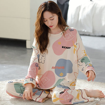 Spring and Autumn Imitation Cotton Pajamas Women's Long-sleeved suit Summer Round Neck Less Women's Home Clothes Cute Cartoon Outer Wear