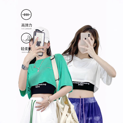 Trendy Loose-Fitting Short-Sleeve Crop Top Two-Piece Set Casual Cotton Commuting Jazz Dance Square Dance Modern Dance Practice Top
