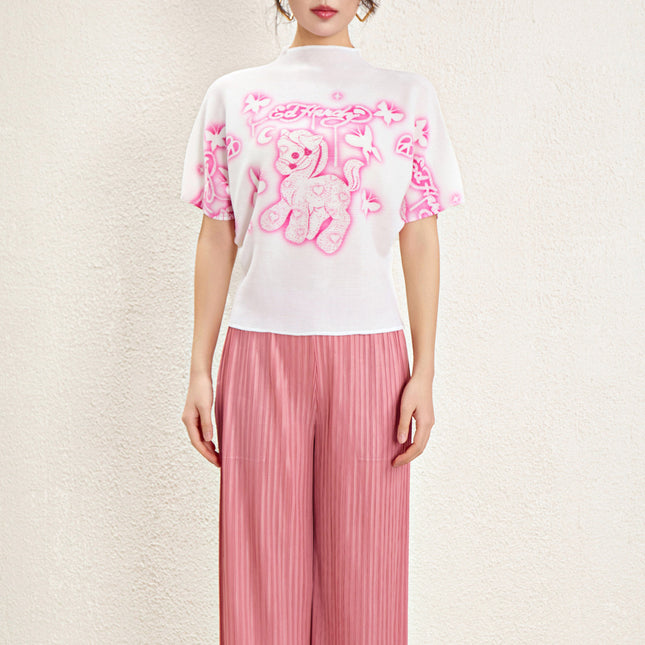 Designer Crewneck T-shirt Women's 2025 New Summer Pleated Cartoon Figure Printed Top Loose Thin T-shirt