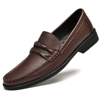 Men's Spring Leather Shoes with Round Head and Shallow Mouth Set Foot Rubber Non-slip Youth Business Head-layer Cowhide Leather Shoes Black Brown