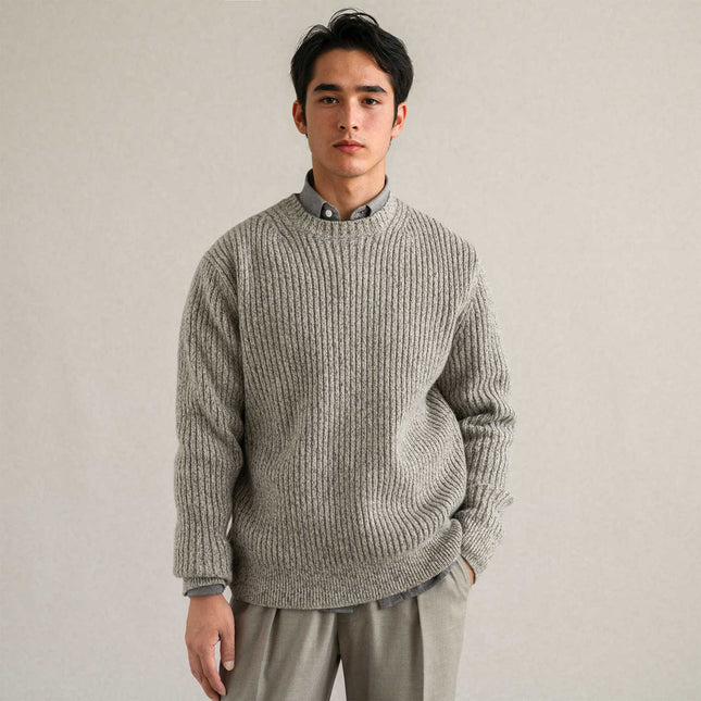 100% Wool Autumn and Winter Round Neck Pit Stripesd Flower Yarn Men's Wool Knitted Sweater