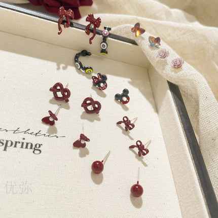 Autumn and Winter Vintage Angora Red Silver Needle Earrings High-end Sense White Exquisite Sweet Elegant All-match Bow Earrings