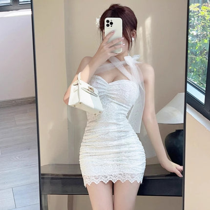 Real shot 8963 sexy sweet hot girl mesh stitching lace hanging neck dress night foot bath technician overalls women