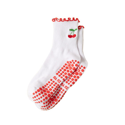 Yoga socks ladies mid-tube socks dispensing non-slip agaric lace cherry embroidery professional training running Pilates