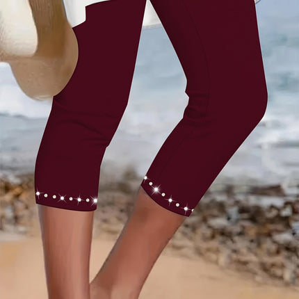 Plus Size Rhinestone Decor Capri Leggings - Casual, High-Waisted