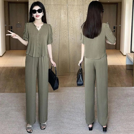 High-end Ice Silk Fashion suit Women's Summer New Elegant Wear Set of Thin Western Style Casual Two-piece Set