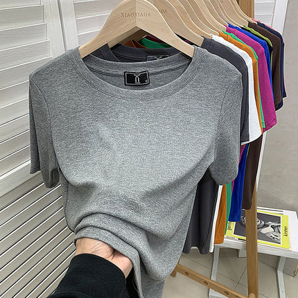 European New plus size Solid Color Loose Elastic Thread Short-sleeved T-shirt Women's Base Shirt Top Fashionable Green Shirt