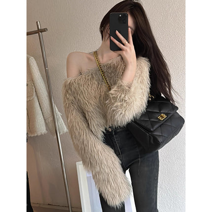 Korean Style New Slim Fit Versatile High-Waisted Sweater for Women, Short Fashion Light Luxury Socialite Long-Sleeve Off-Shoulder Fur Top