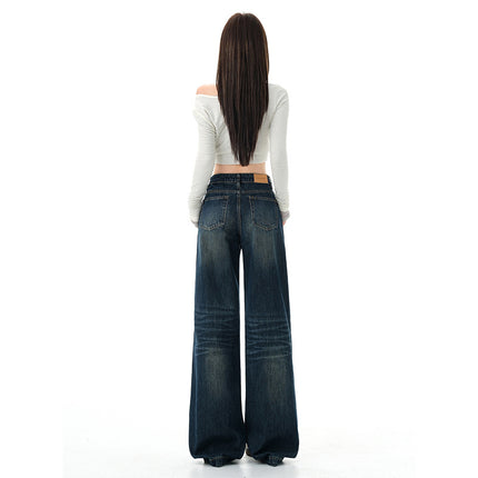 Washed Straight-Leg Jeans for Women, Autumn New American Design, Loose Fit, Slimming, Drapey, Floor-Length Wide-Leg Pants