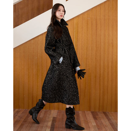 Row Style Lapel Wool Outwear for Women 25Ss Autumn and Winter Thickeneded Warm Loop Wool Lace-Up Windbreaker Style Woolen Outwear