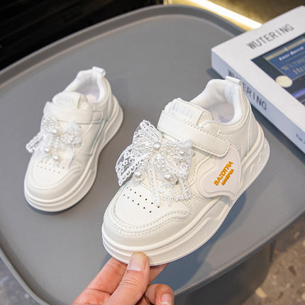 Children's Sneakers 2025 New Spring Girls Leather Breathable sneaker Girls Guofeng Pearl All-match White Shoes