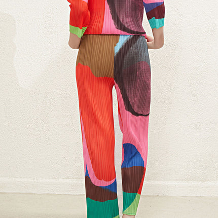 Pleated Elegant Suit for Women Miyake Print Japanese Loose Top High Waist Elastic Wide Leg Straight Pants Two-Piece Set