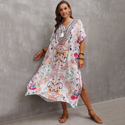 European and American new polyester printed beach dress loose bikini swimsuit cover shirt seaside vacation sun protection shirt for women