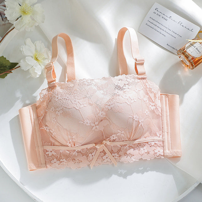 Summer Anti-Exposure Floral Lace Strapless Bra Modal Crescent Support Three-Dimensional Cup Medium-Thick Push-Up Bra