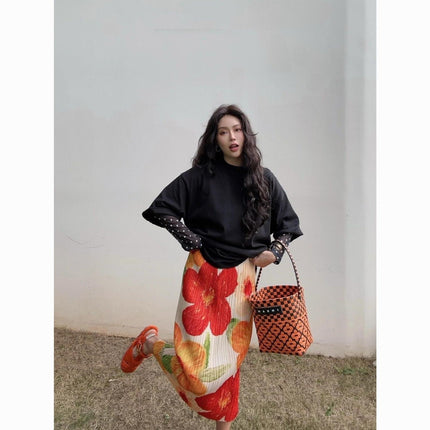 Skirt Retro 2024 New Skirt Women's Niche Design Print Slimming Tassel Pleated Pleated Skirt