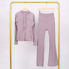 Dark purple hooded jacket and bell-bottom pants suit / 2/S