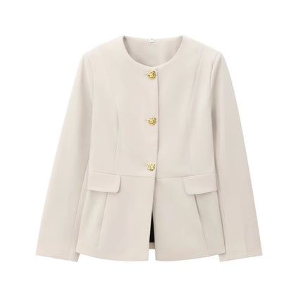 European and American Style Solid Color French Style Fragrant Style Celebrity Elegant Casual Commuter Flip-on Slim-fit Round Neck Professional Suit Jacket