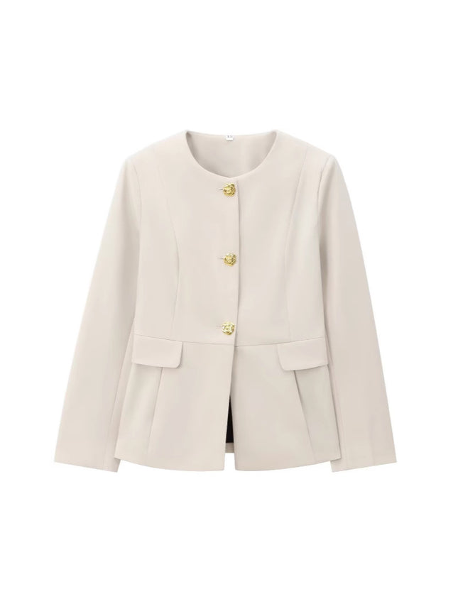 European and American Style Solid Color French Style Fragrant Style Celebrity Elegant Casual Commuter Flip-on Slim-fit Round Neck Professional Suit Jacket
