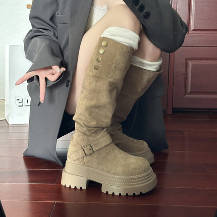 Thick-Soled Boots for Women 2025 New Autumn and Winter Retro Suede Slim Boots No More Than Knee-High Knight Boots