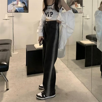 High Waist Gradient Color Jeans Women's New Straight Wide Leg Loose Contrast Color Mop Design Long Trendy Retro Trendy Pants
