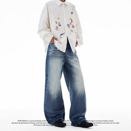 Jiamu American-Style King of Cattle Selvedge Denim Hand-Rubbed Cat Whisker Washed Jeans Men's Loose Draped A-Line Trousers