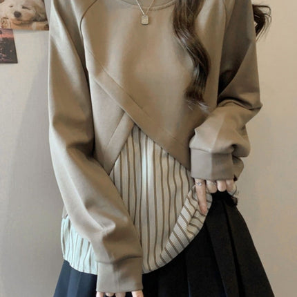 Plus-Size Women's Loose Striped Patchwork Faux Two-Piece Top for Autumn, Slimming Versatile Regular Shoulder Base Shirt