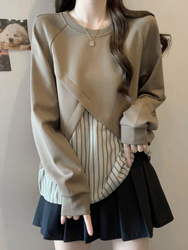 Plus-Size Women's Loose Striped Patchwork Faux Two-Piece Top for Autumn, Slimming Versatile Regular Shoulder Base Shirt